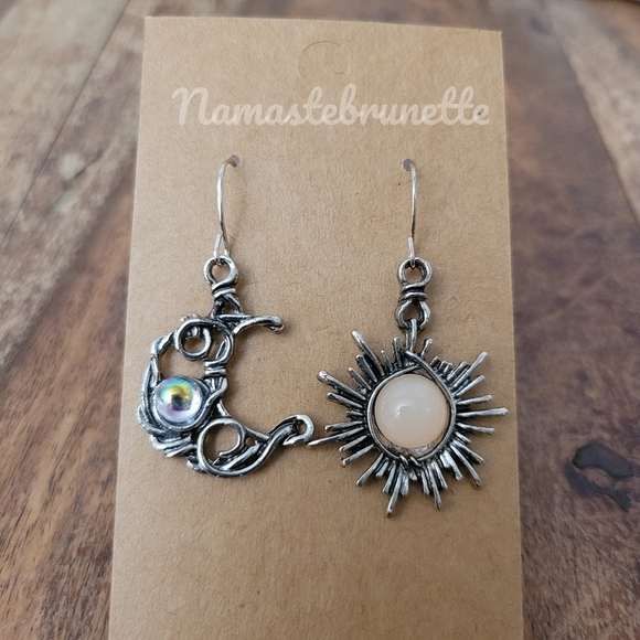 Sun & Moon Silver Wire Wrapped Stone Dangle Drop Earrings - Picture 11 of 15
